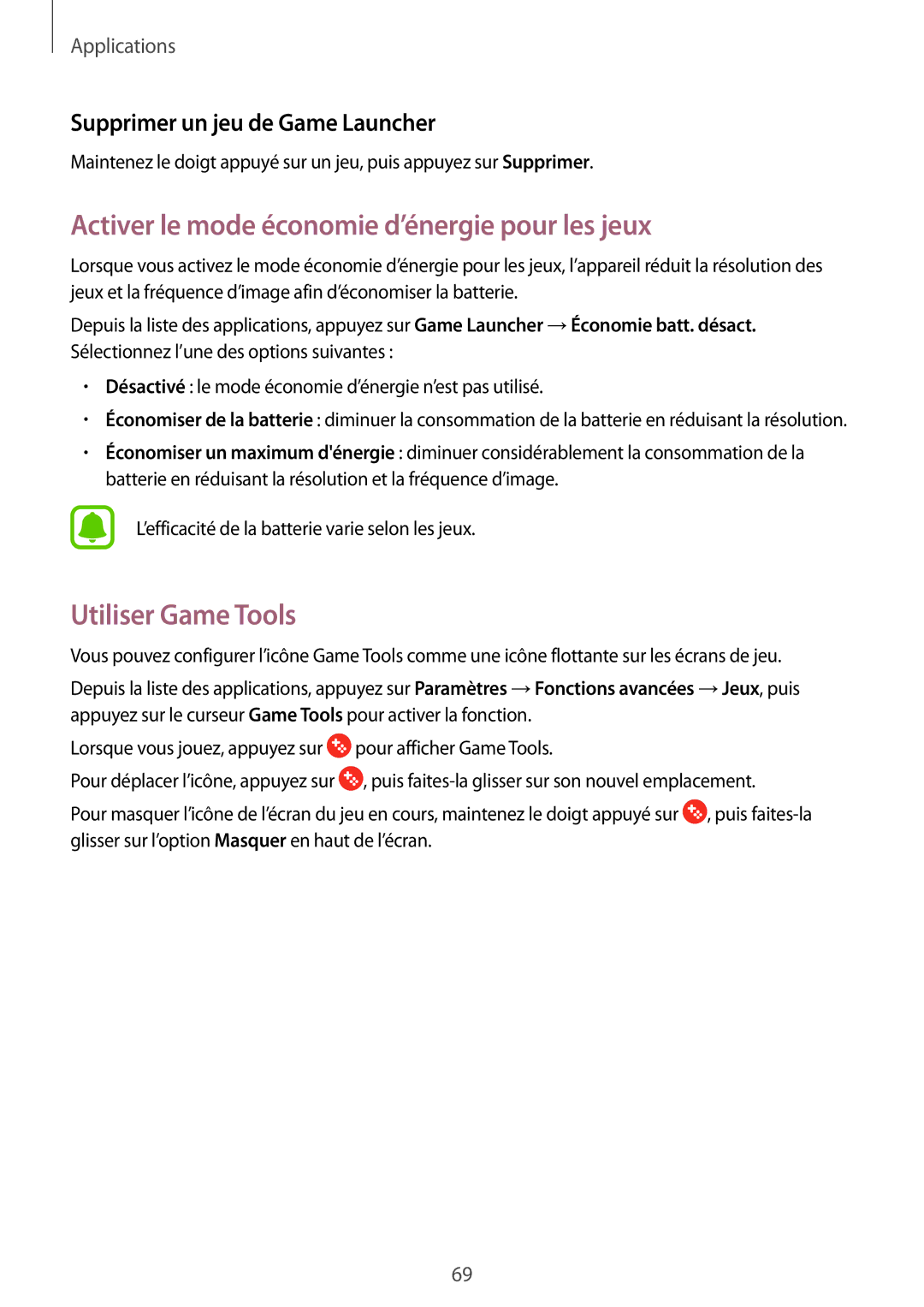 Samsung SM-T810NZWEXEF, SM-T810NZDEXEF manual Activer le mode économie d’énergie pour les jeux, Utiliser Game Tools 