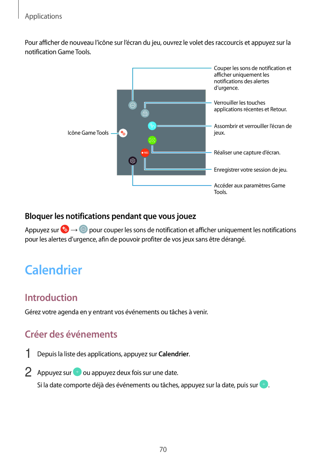 Samsung SM-T810NZWFXEF, SM-T810NZDEXEF Calendrier, Créer des événements, Bloquer les notifications pendant que vous jouez 