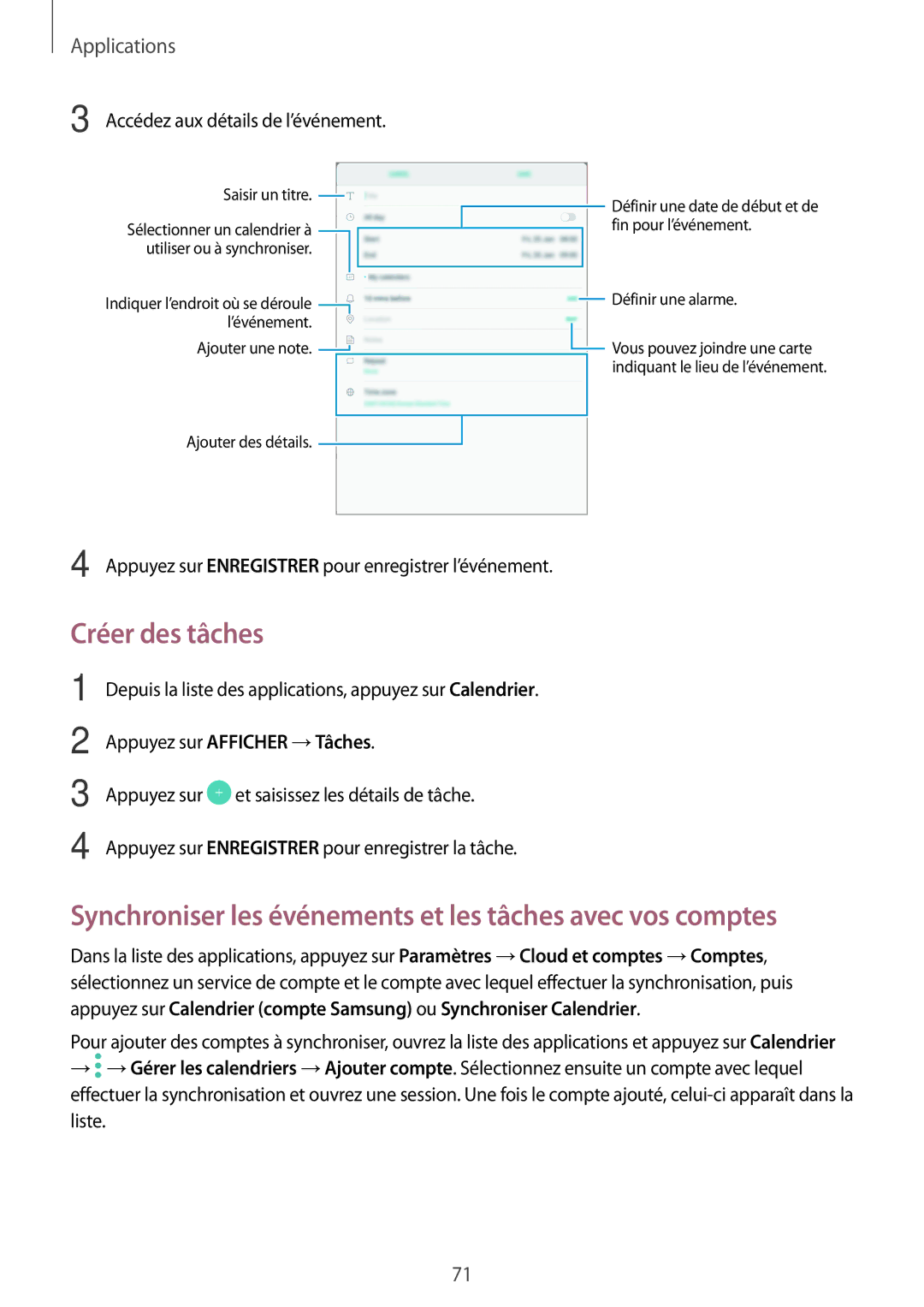 Samsung SM-T710NZKEXEF, SM-T810NZDEXEF manual Créer des tâches, Synchroniser les événements et les tâches avec vos comptes 