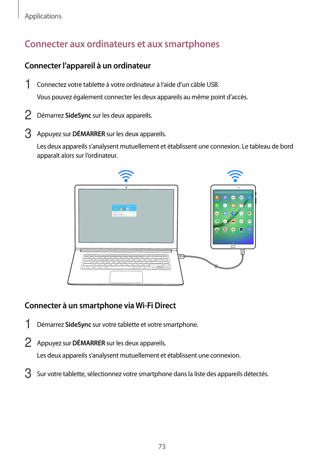 Samsung SM-T710NZWEXEF, SM-T810NZDEXEF Connecter aux ordinateurs et aux smartphones, Connecter l’appareil à un ordinateur 