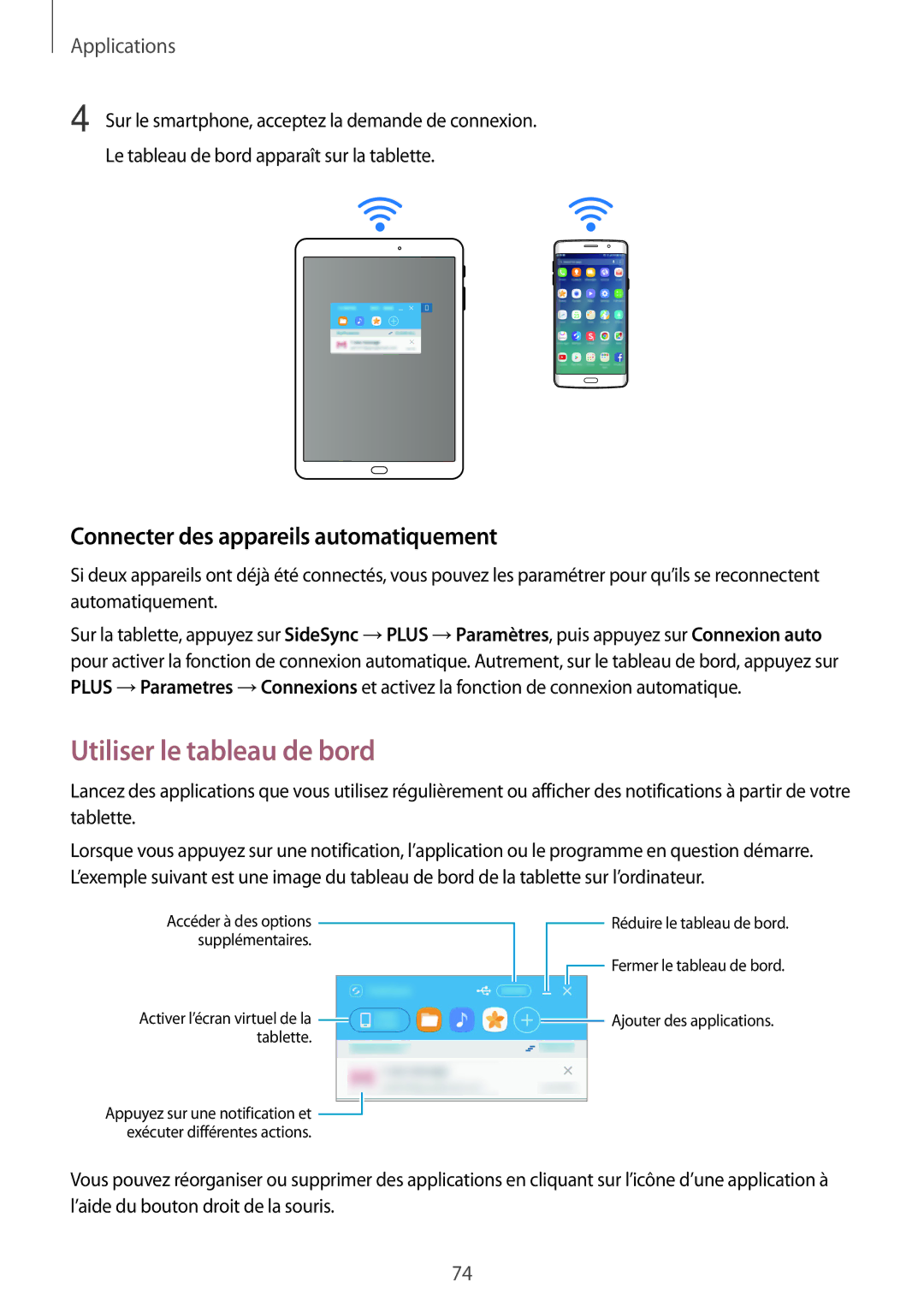 Samsung SM-T810NZKEXEF, SM-T810NZDEXEF, SM-T710NZWEXEF Utiliser le tableau de bord, Connecter des appareils automatiquement 