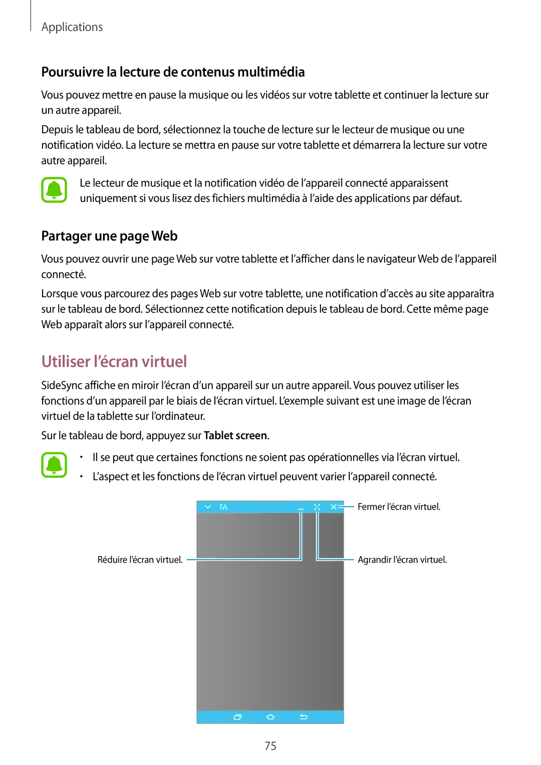 Samsung SM-T810NZWEXEF manual Utiliser l’écran virtuel, Poursuivre la lecture de contenus multimédia, Partager une page Web 