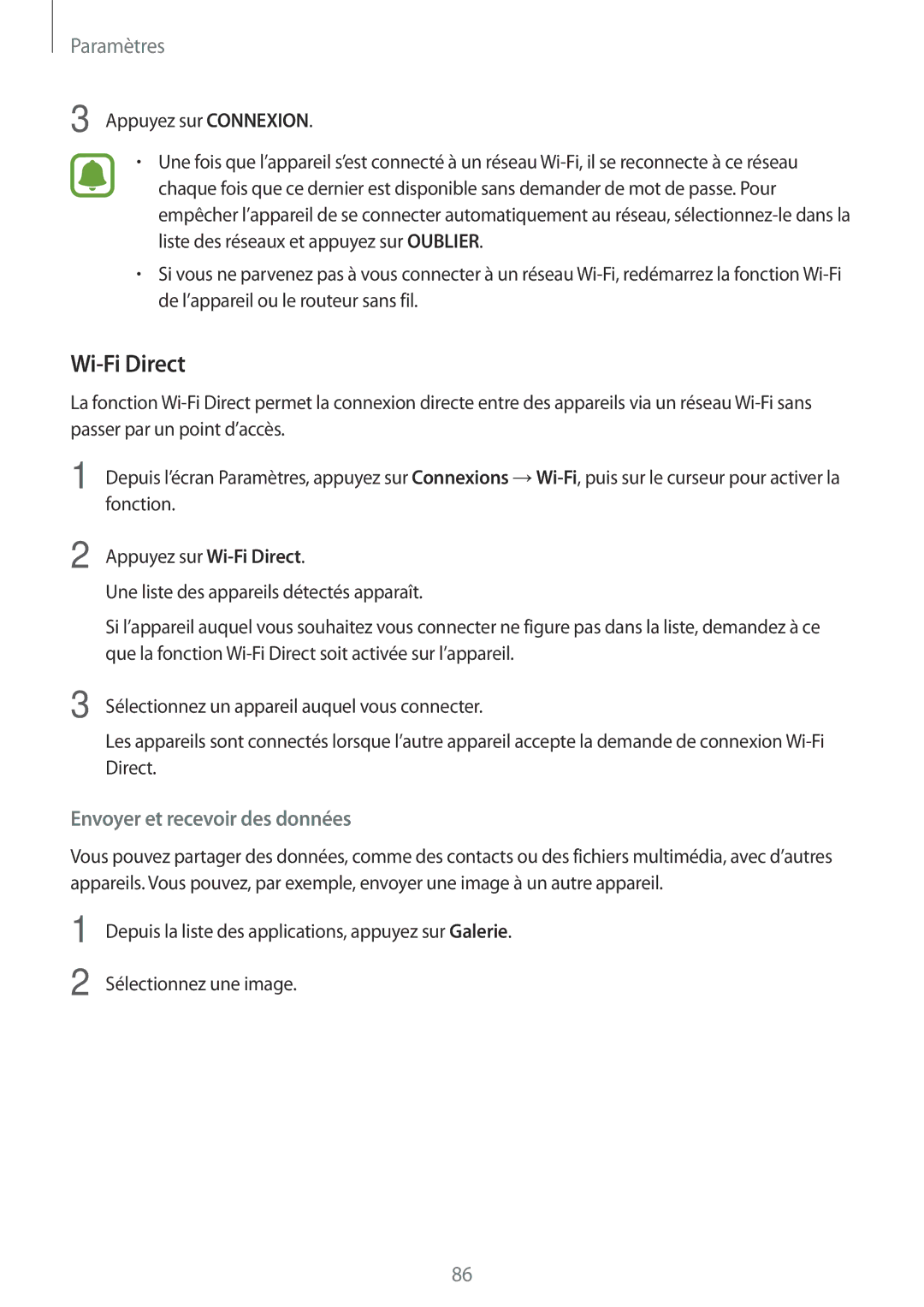 Samsung SM-T810NZKEXEF, SM-T810NZDEXEF, SM-T710NZWEXEF, SM-T810NZWEXEF, SM-T810NZWFXEF manual Wi-Fi Direct, Paramètres 