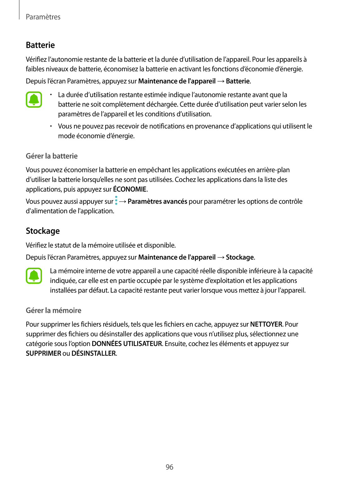 Samsung SM-T810NZDEXEF, SM-T710NZWEXEF, SM-T810NZKEXEF, SM-T810NZWEXEF, SM-T810NZWFXEF, SM-T710NZKEXEF manual Batterie, Stockage 