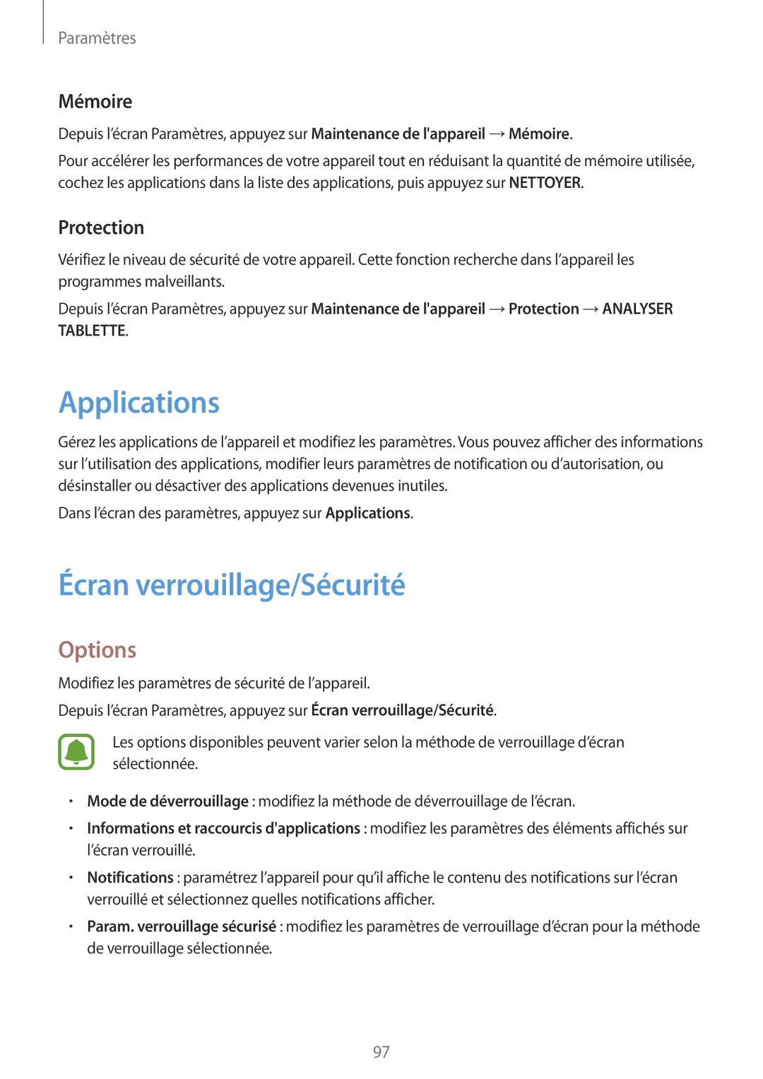 Samsung SM-T710NZWEXEF, SM-T810NZDEXEF, SM-T810NZKEXEF manual Applications, Écran verrouillage/Sécurité, Mémoire, Protection 