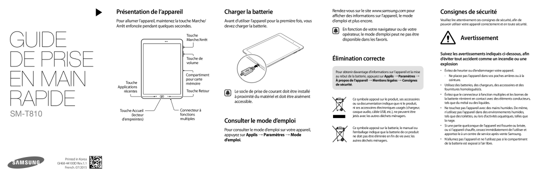 Samsung SM-T810NZKEXEF manual Présentation de l’appareil, Charger la batterie, Consulter le mode d’emploi, Avertissement 