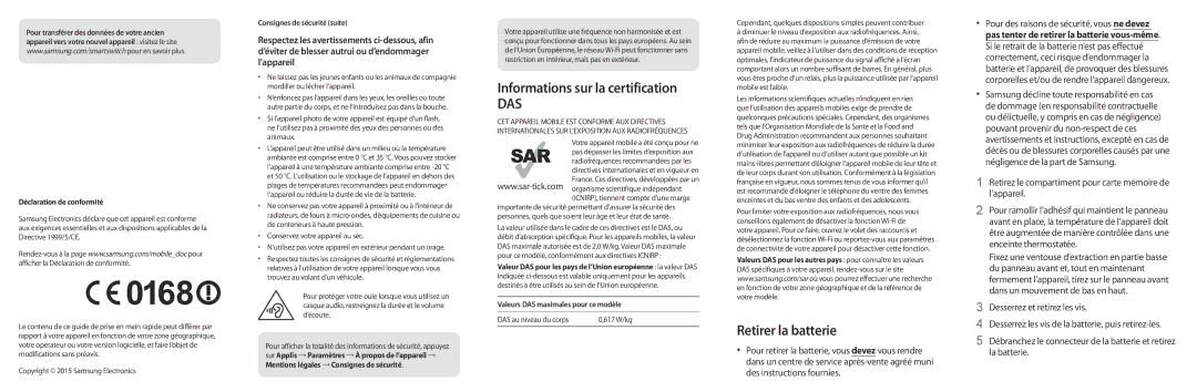 Samsung SM-T810NZWEXEF, SM-T810NZDEXEF Informations sur la certification, Retirer la batterie, Déclaration de conformité 