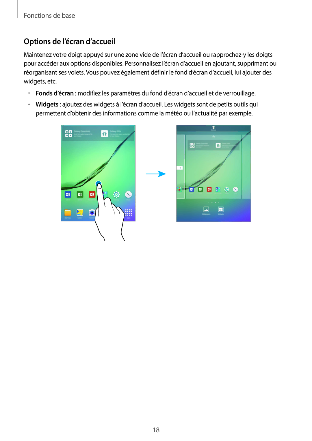 Samsung SM-T810NZWEXEF, SM-T810NZDEXEF, SM-T810NZKEXEF, SM-T810NZWFXEF manual Options de l’écran d’accueil 