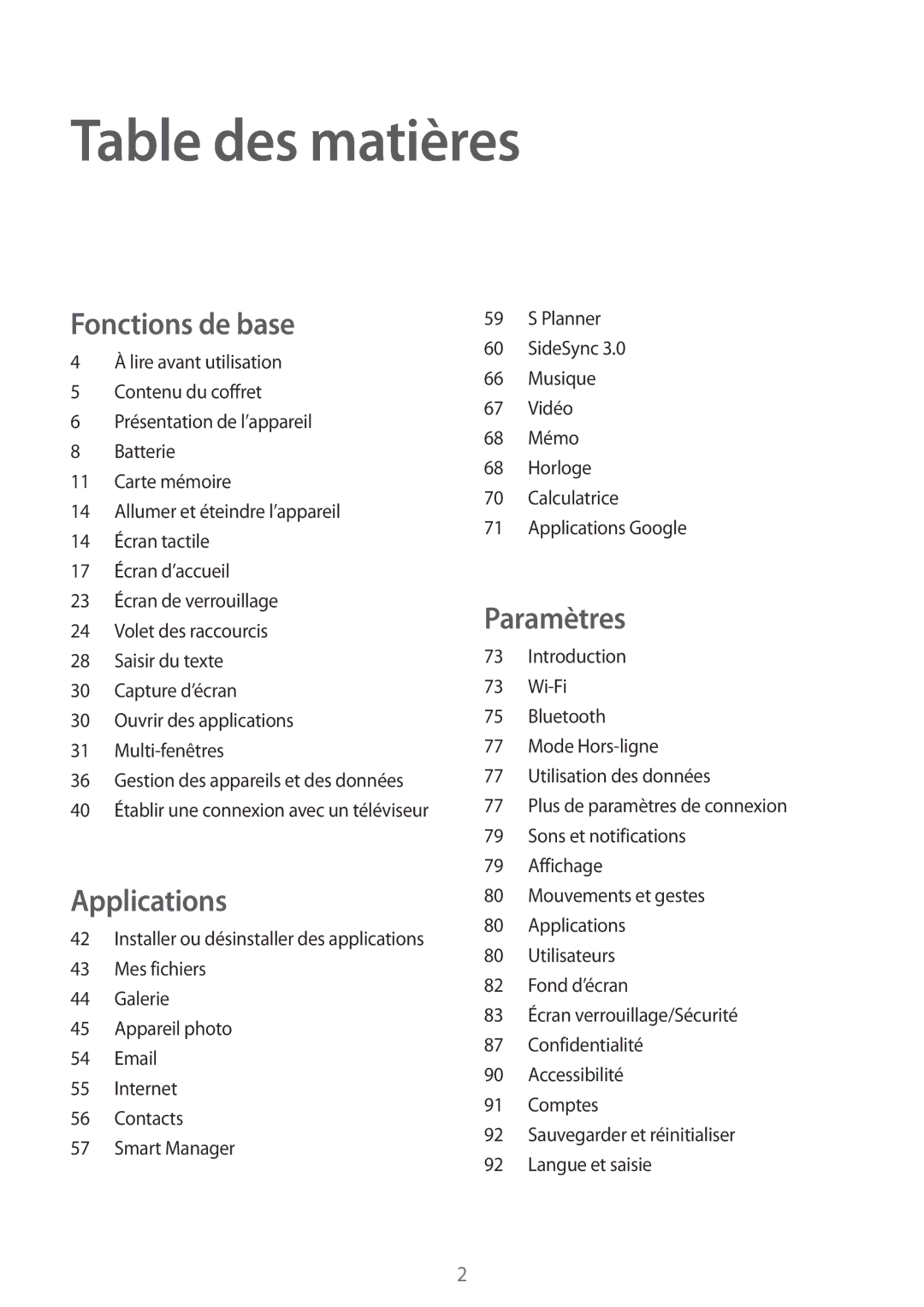 Samsung SM-T810NZWEXEF, SM-T810NZDEXEF, SM-T810NZKEXEF, SM-T810NZWFXEF manual Table des matières 