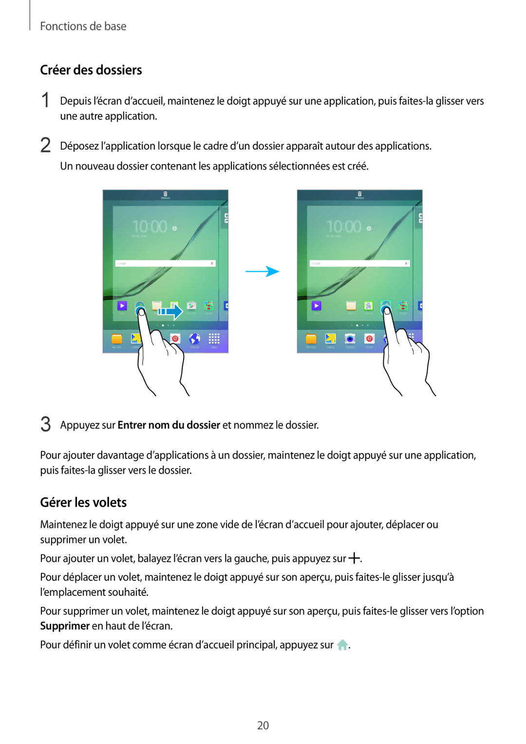Samsung SM-T810NZDEXEF, SM-T810NZKEXEF, SM-T810NZWEXEF, SM-T810NZWFXEF manual Créer des dossiers, Gérer les volets 