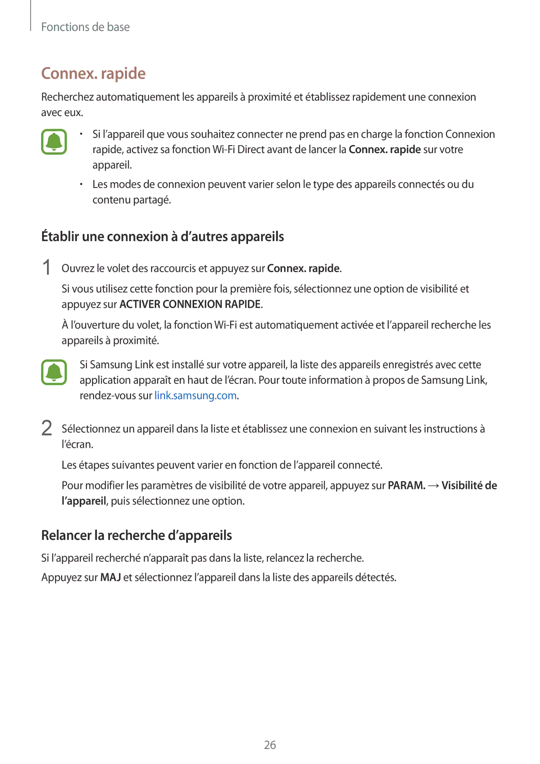 Samsung SM-T810NZWEXEF manual Connex. rapide, Établir une connexion à d’autres appareils, Relancer la recherche d’appareils 