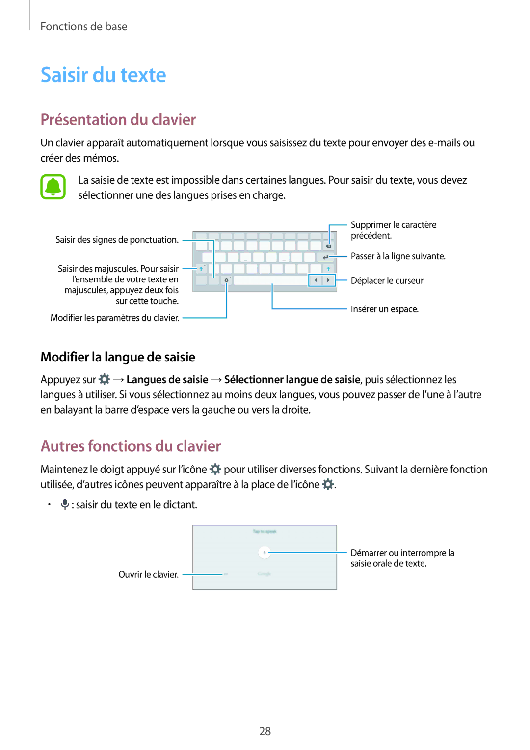 Samsung SM-T810NZDEXEF Saisir du texte, Présentation du clavier, Autres fonctions du clavier, Modifier la langue de saisie 