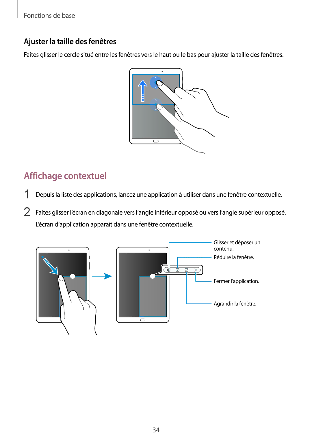 Samsung SM-T810NZWEXEF, SM-T810NZDEXEF, SM-T810NZKEXEF, SM-T810NZWFXEF Affichage contextuel, Ajuster la taille des fenêtres 