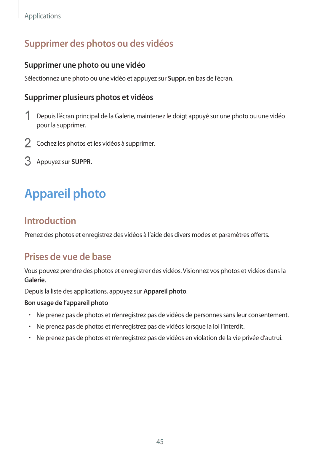 Samsung SM-T810NZKEXEF, SM-T810NZDEXEF manual Appareil photo, Supprimer des photos ou des vidéos, Prises de vue de base 