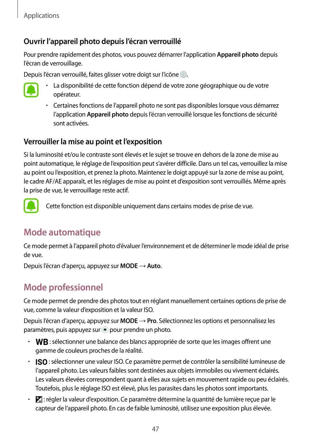 Samsung SM-T810NZWFXEF manual Mode automatique, Mode professionnel, Ouvrir l’appareil photo depuis l’écran verrouillé 