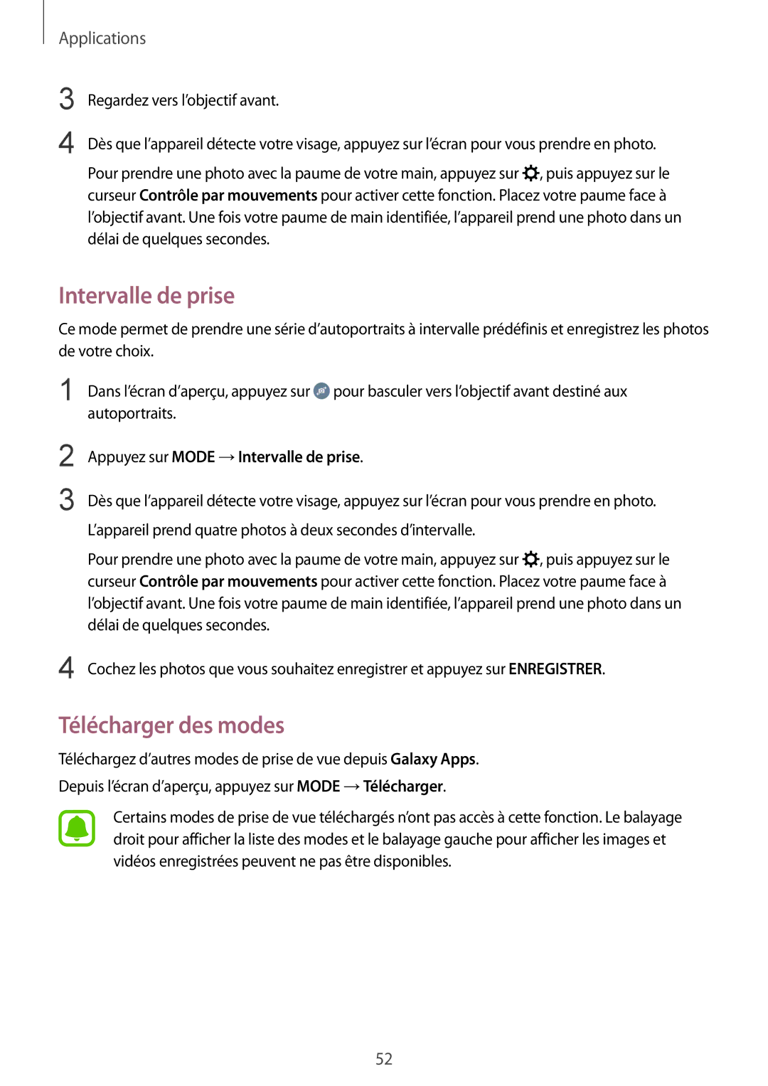 Samsung SM-T810NZDEXEF, SM-T810NZKEXEF, SM-T810NZWEXEF, SM-T810NZWFXEF manual Intervalle de prise, Télécharger des modes 