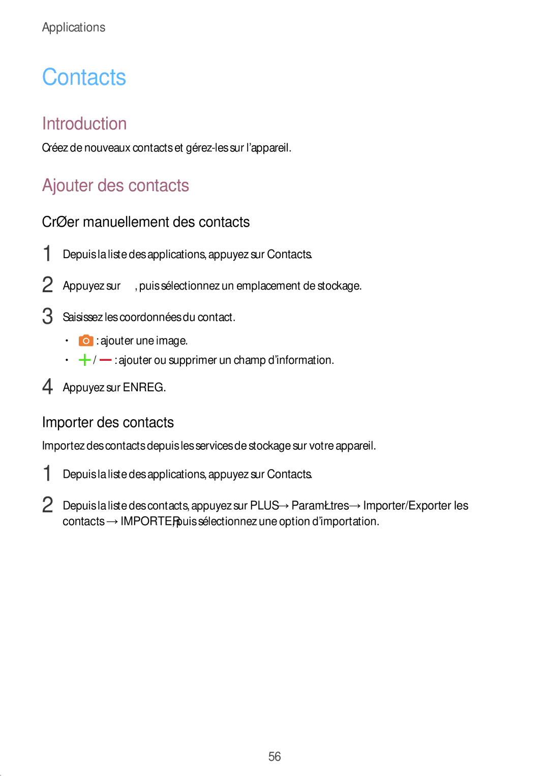 Samsung SM-T810NZDEXEF manual Contacts, Ajouter des contacts, Créer manuellement des contacts, Importer des contacts 