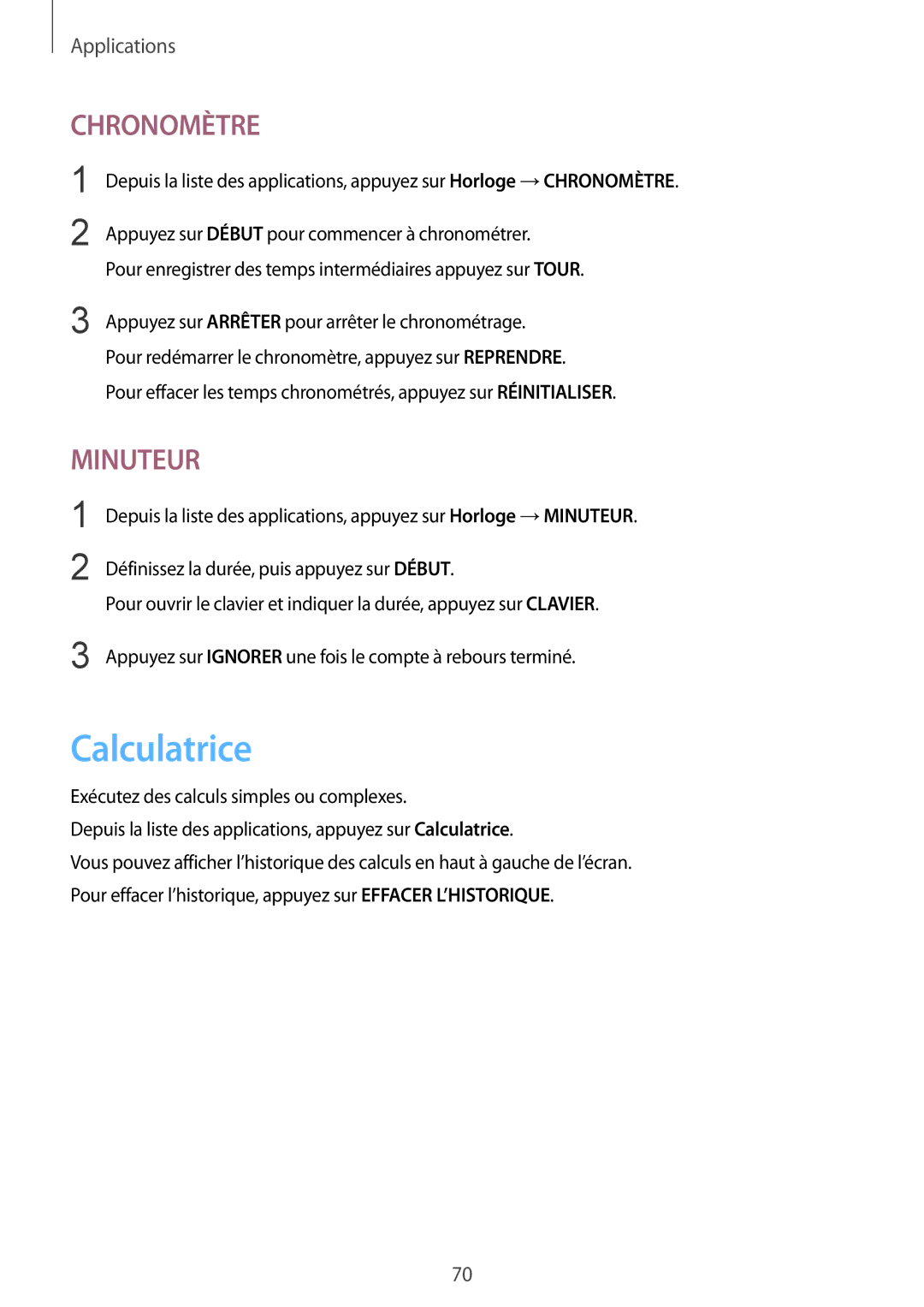 Samsung SM-T810NZWEXEF, SM-T810NZDEXEF, SM-T810NZKEXEF, SM-T810NZWFXEF manual Calculatrice, Chronomètre 