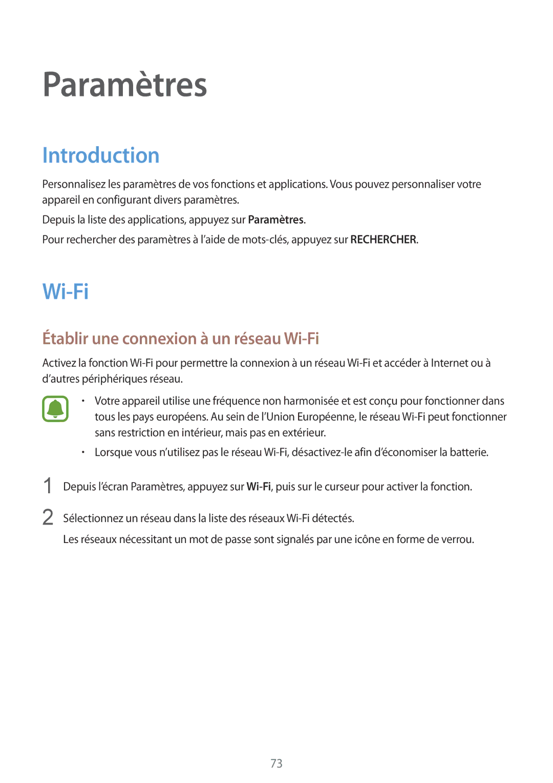 Samsung SM-T810NZKEXEF, SM-T810NZDEXEF, SM-T810NZWEXEF manual Introduction, Établir une connexion à un réseau Wi-Fi 