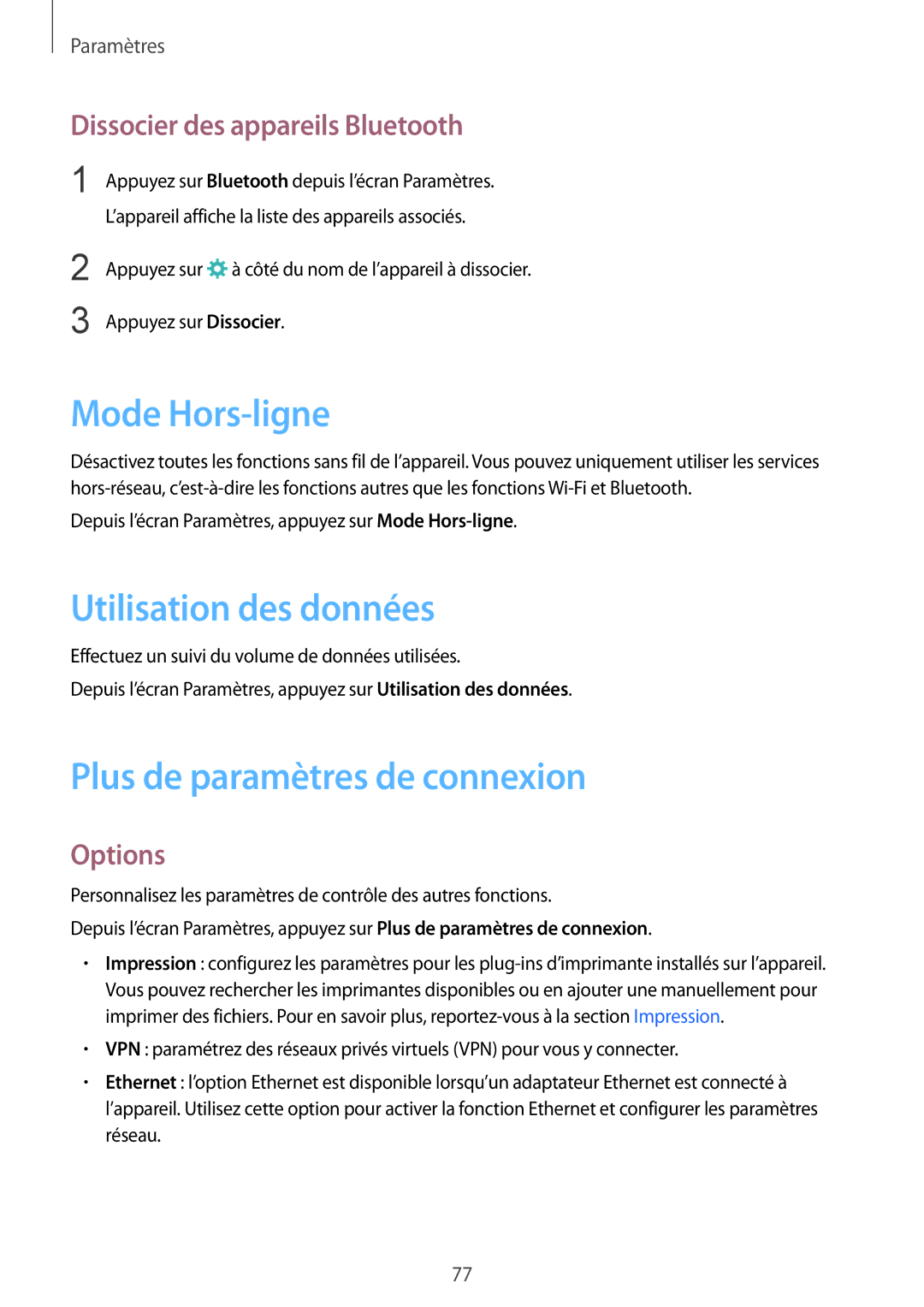 Samsung SM-T810NZKEXEF, SM-T810NZDEXEF Mode Hors-ligne, Utilisation des données, Plus de paramètres de connexion, Options 