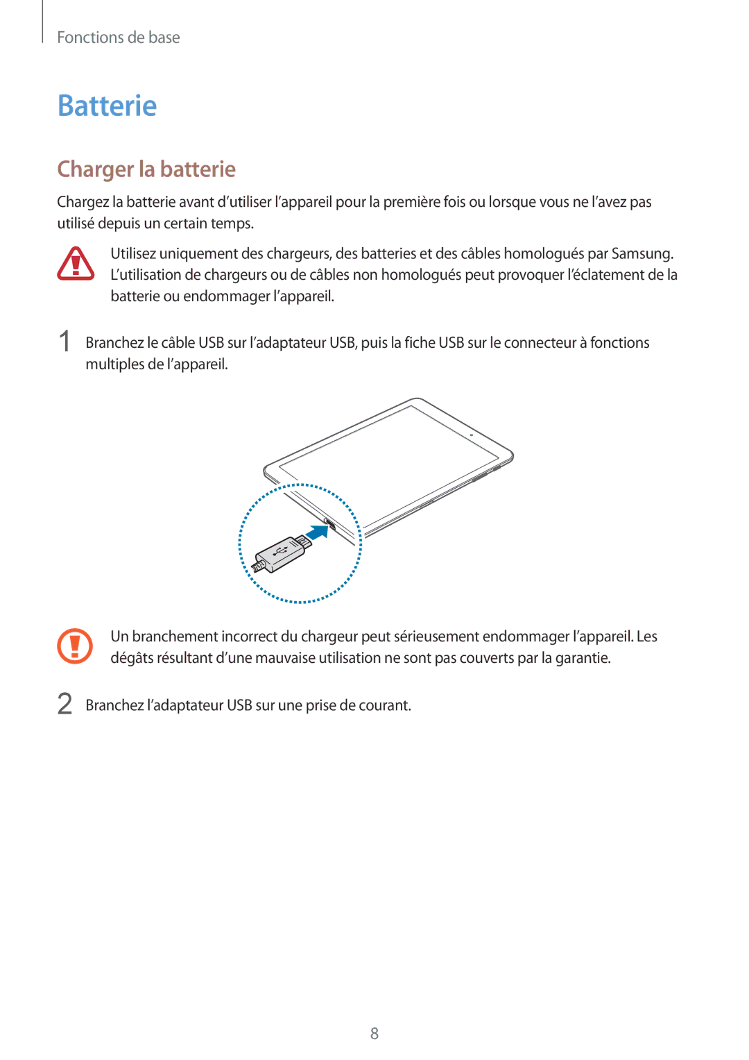 Samsung SM-T810NZDEXEF, SM-T810NZKEXEF, SM-T810NZWEXEF, SM-T810NZWFXEF manual Batterie, Charger la batterie 