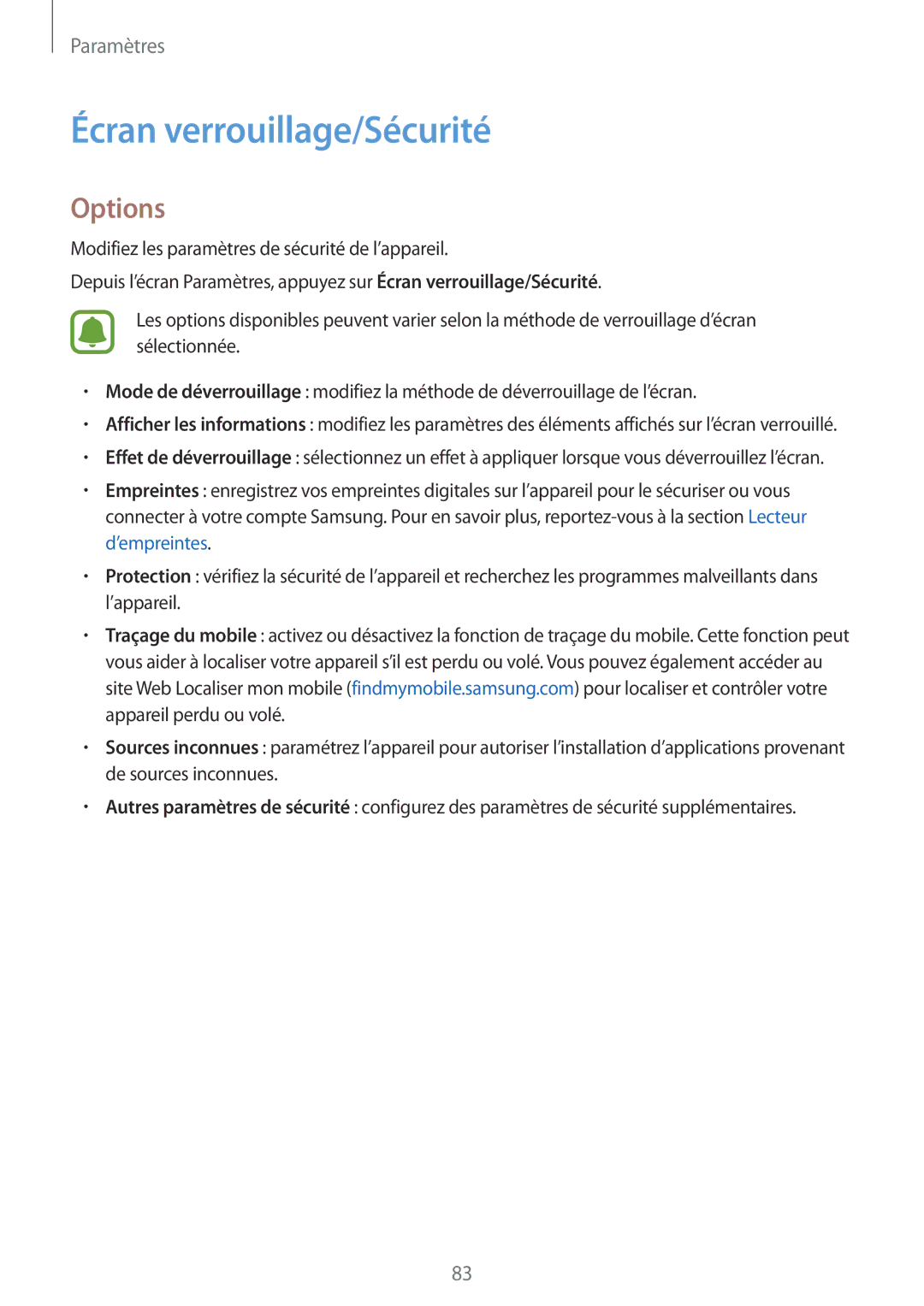 Samsung SM-T810NZWFXEF, SM-T810NZDEXEF, SM-T810NZKEXEF, SM-T810NZWEXEF manual Écran verrouillage/Sécurité, Options 