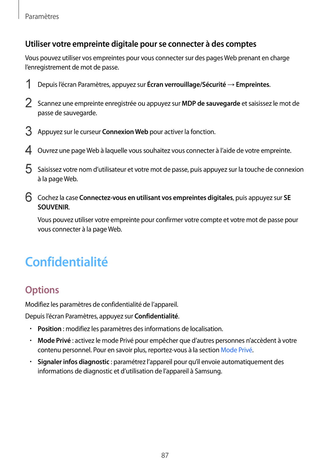 Samsung SM-T810NZWFXEF, SM-T810NZDEXEF, SM-T810NZKEXEF, SM-T810NZWEXEF manual Confidentialité, Options 