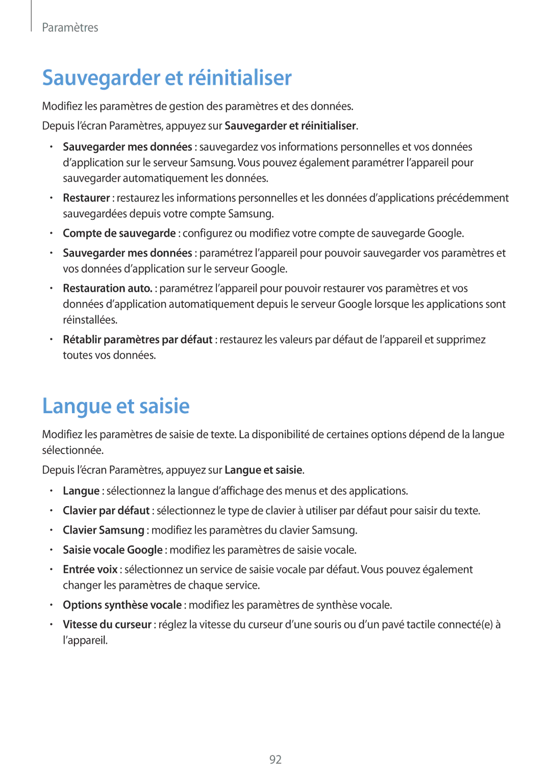 Samsung SM-T810NZDEXEF, SM-T810NZKEXEF, SM-T810NZWEXEF, SM-T810NZWFXEF manual Sauvegarder et réinitialiser, Langue et saisie 