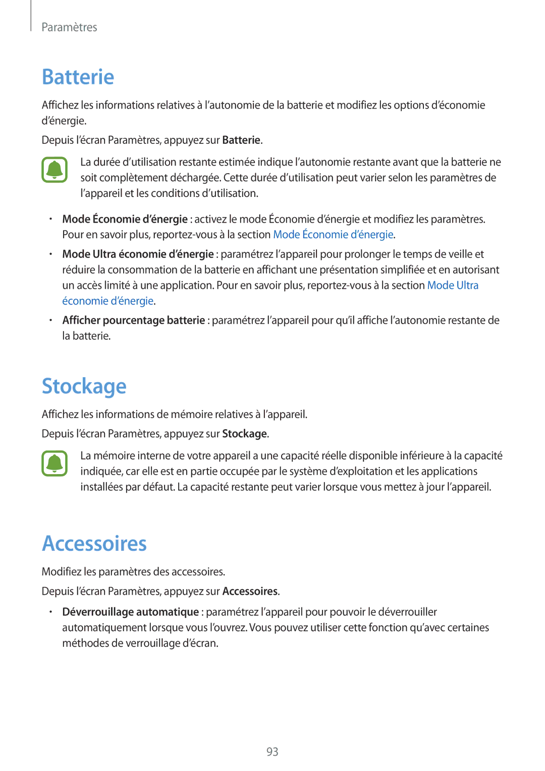 Samsung SM-T810NZKEXEF, SM-T810NZDEXEF, SM-T810NZWEXEF, SM-T810NZWFXEF manual Stockage, Accessoires 