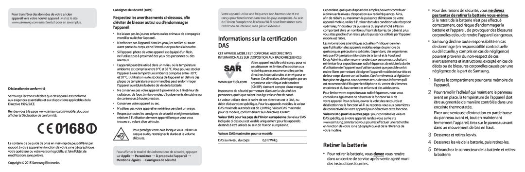 Samsung SM-T810NZWEXEF manual Informations sur la certification DAS, Retirer la batterie, Desserrez et retirez les vis 