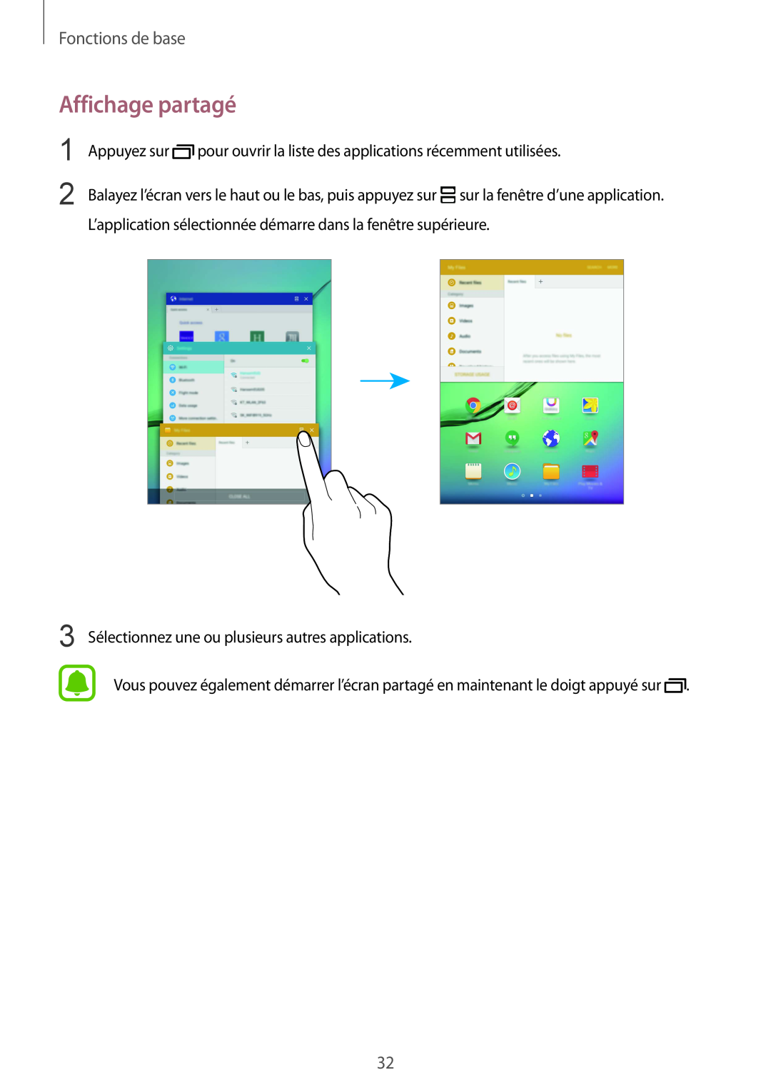 Samsung SM-T810NZDEXEF manual Affichage partagé, Fonctions de base, 3 Sélectionnez une ou plusieurs autres applications 