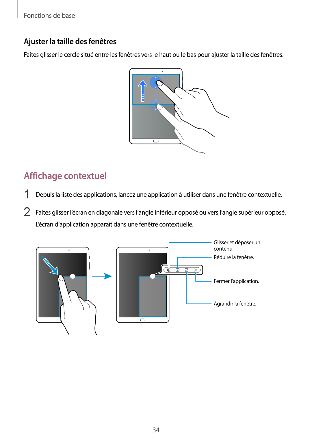 Samsung SM-T810NZWEXEF, SM-T810NZDEXEF manual Affichage contextuel, Ajuster la taille des fenêtres, Fonctions de base 