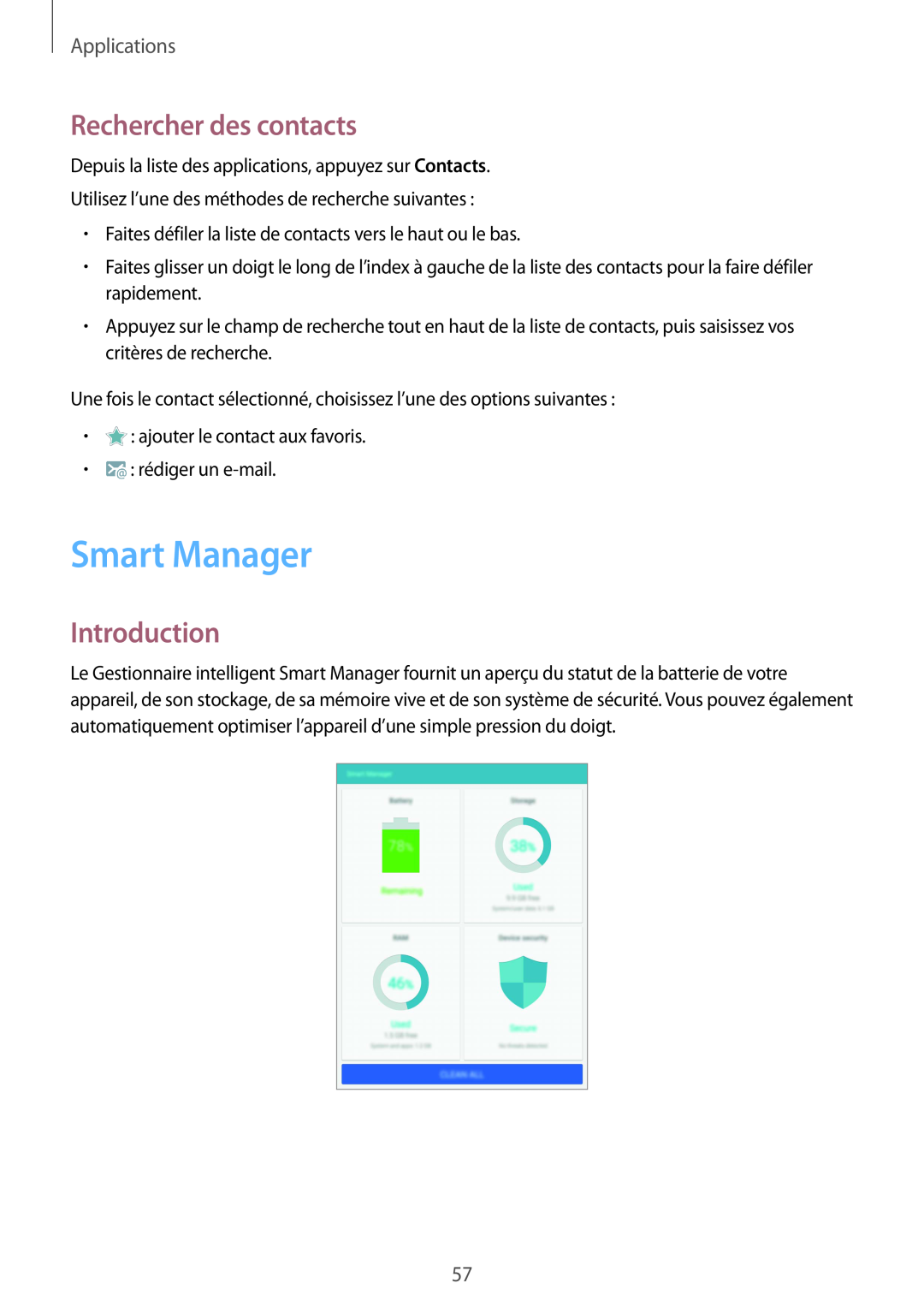 Samsung SM-T810NZKEXEF, SM-T810NZDEXEF, SM-T810NZWEXEF Smart Manager, Rechercher des contacts, Introduction, Applications 