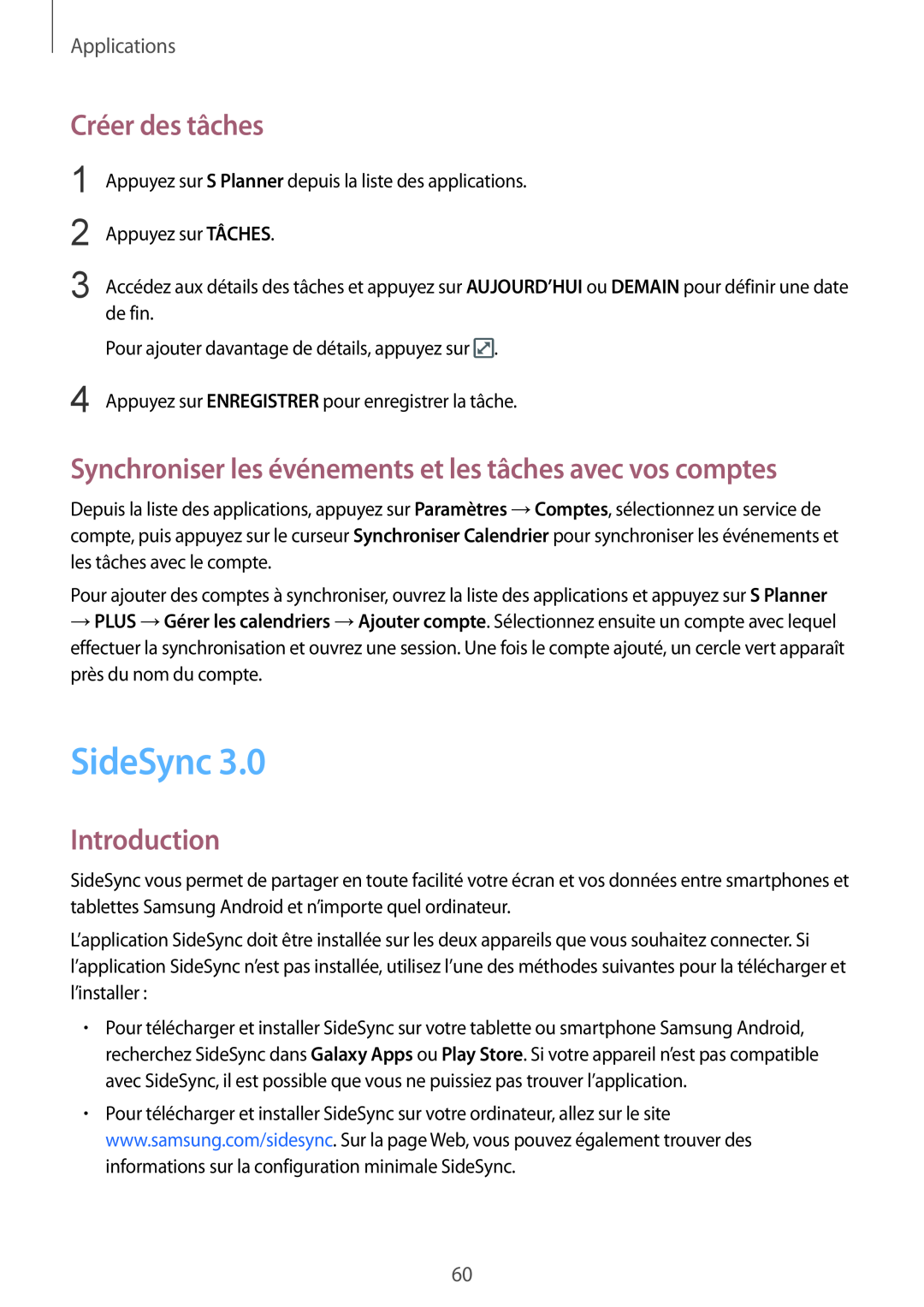 Samsung SM-T810NZDEXEF manual SideSync, Créer des tâches, Synchroniser les événements et les tâches avec vos comptes 
