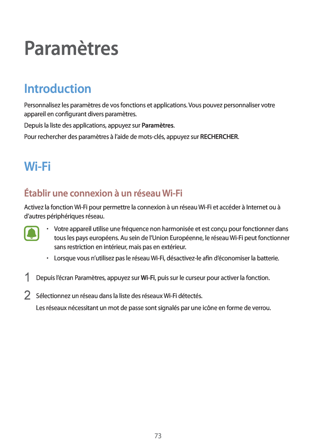 Samsung SM-T810NZKEXEF, SM-T810NZDEXEF manual Paramètres, Introduction, Établir une connexion à un réseau Wi-Fi 