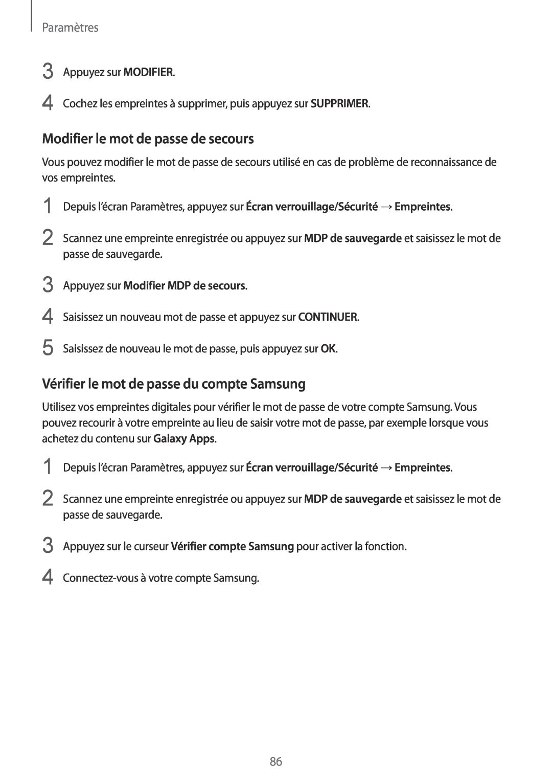 Samsung SM-T810NZWEXEF manual Modifier le mot de passe de secours, Vérifier le mot de passe du compte Samsung, Paramètres 