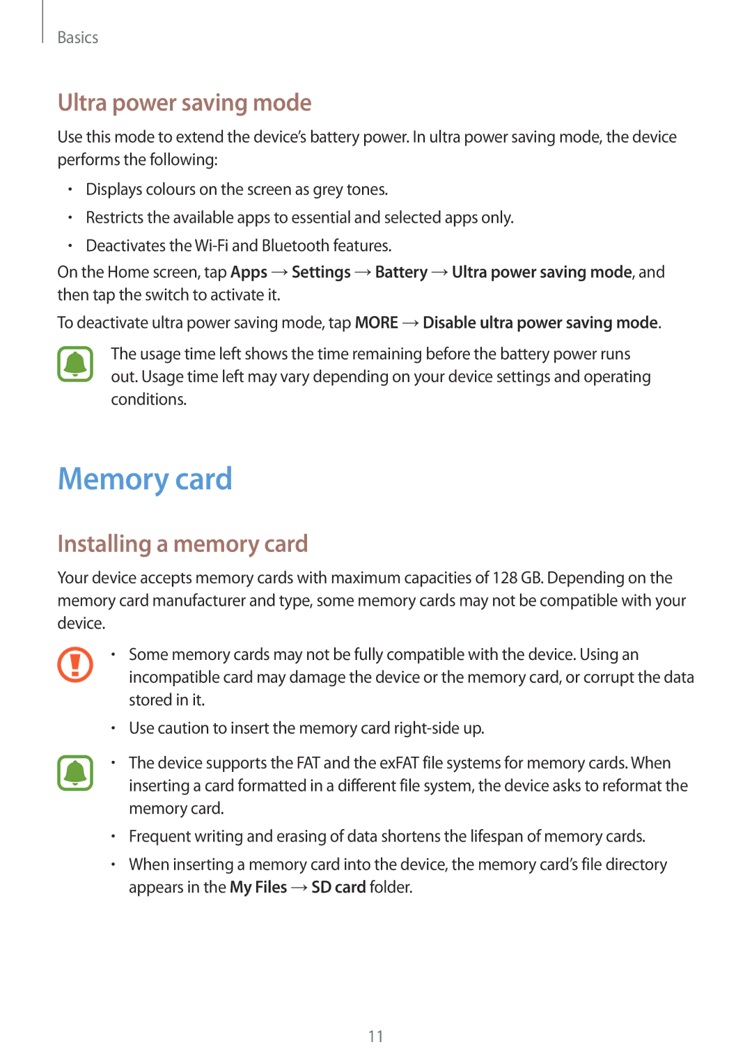 Samsung SM-T810NZDEITV, SM-T810NZKEDBT, SM-T810NZWEDBT manual Memory card, Ultra power saving mode, Installing a memory card 