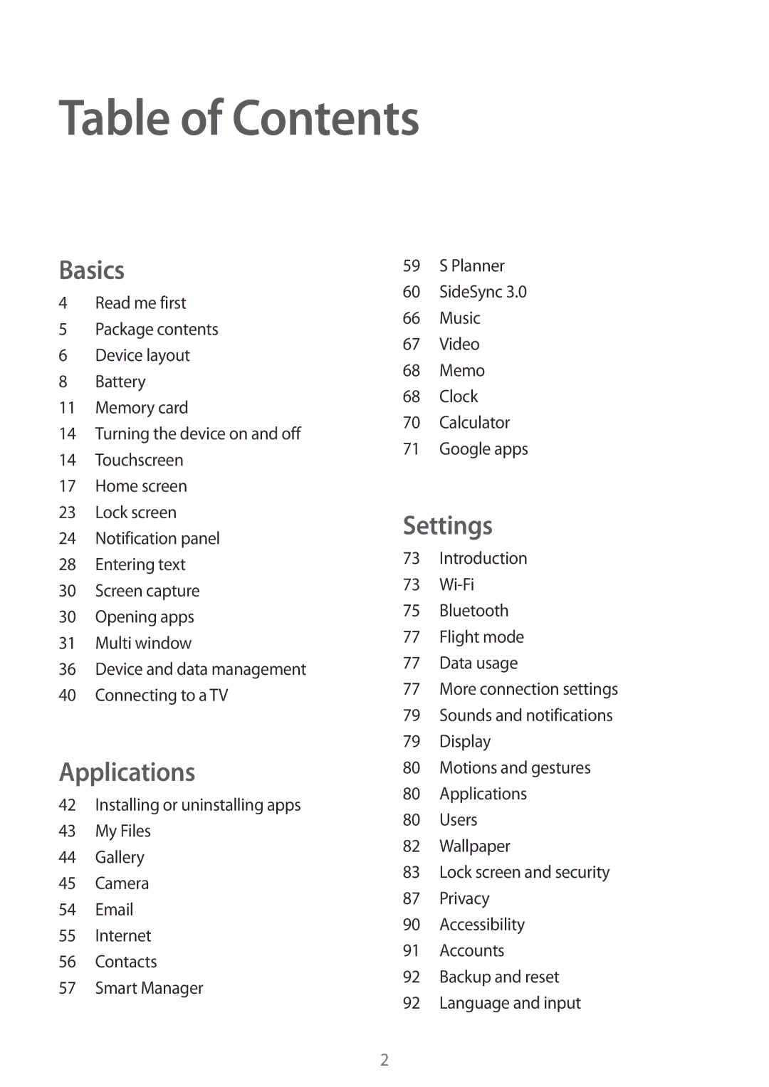 Samsung SM-T810NZDEDBT, SM-T810NZKEDBT, SM-T810NZWEDBT, SM-T810NZDEXEF, SM-T810NZKEXEF, SM-T810NZWEXEF manual Table of Contents 