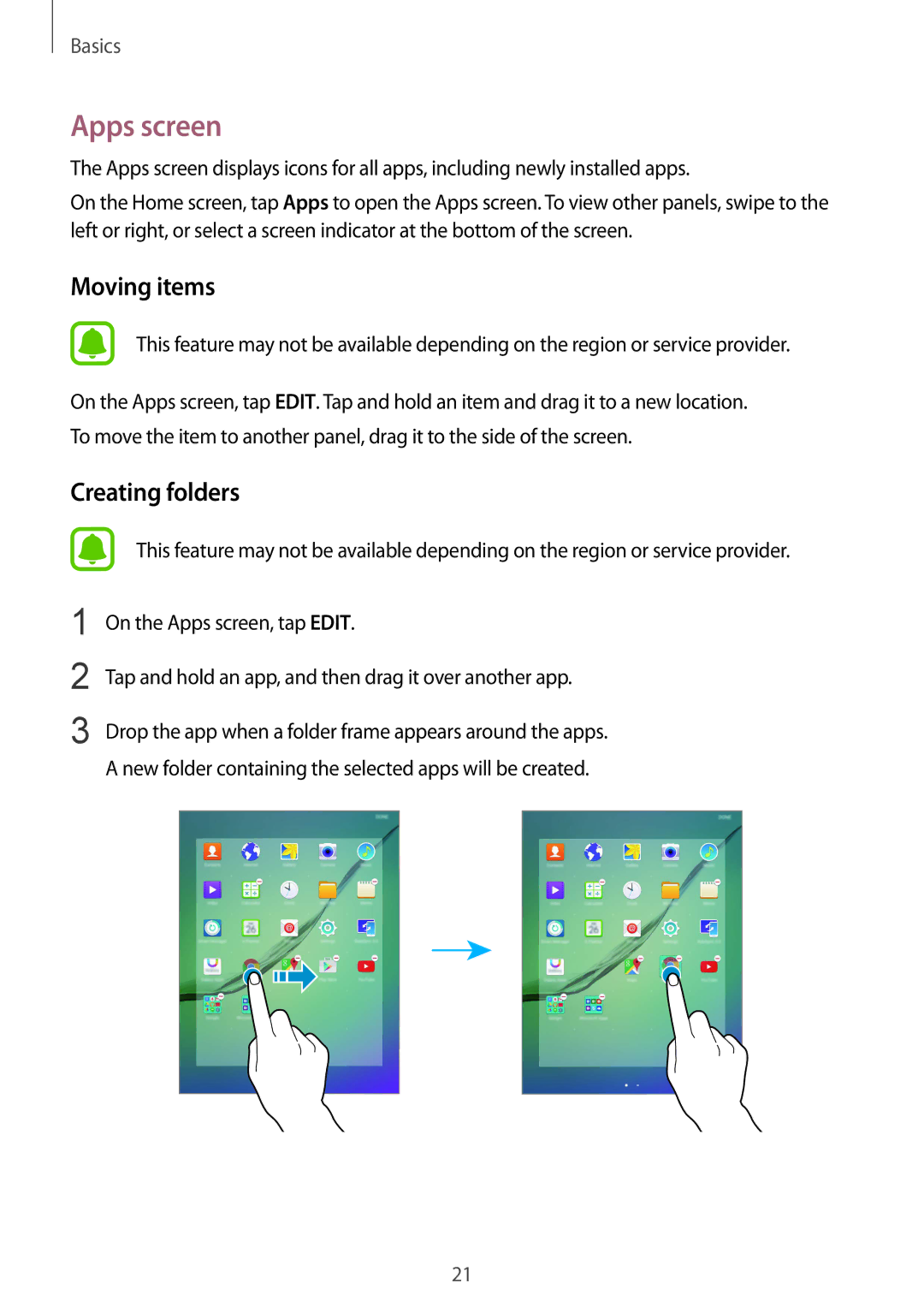 Samsung SM-T810NZKFAUT, SM-T810NZKEDBT, SM-T810NZWEDBT, SM-T810NZDEDBT, SM-T810NZDEXEF manual Apps screen, Moving items 