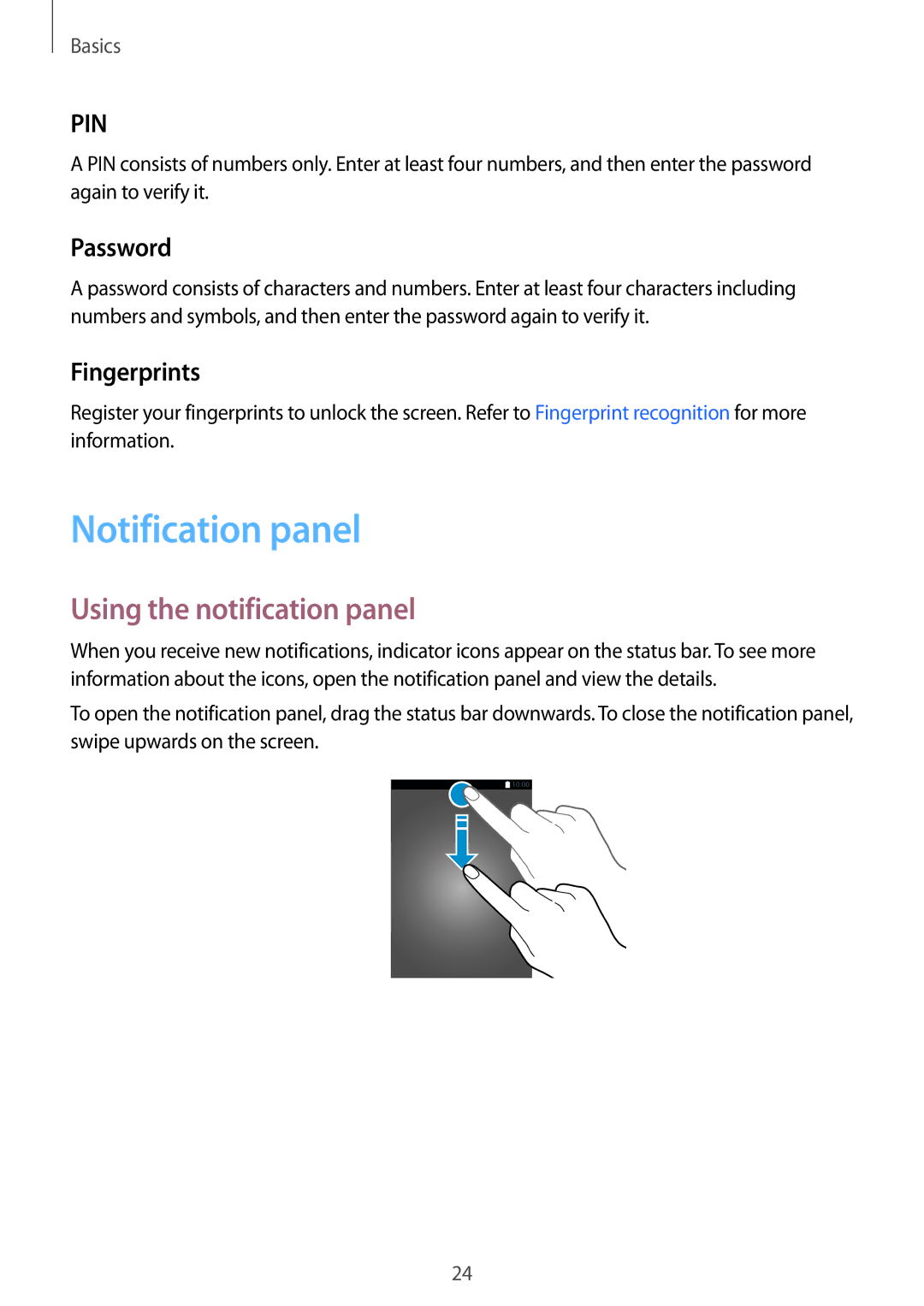 Samsung SM-T810NZWEATO, SM-T810NZKEDBT manual Notification panel, Using the notification panel, Password, Fingerprints 