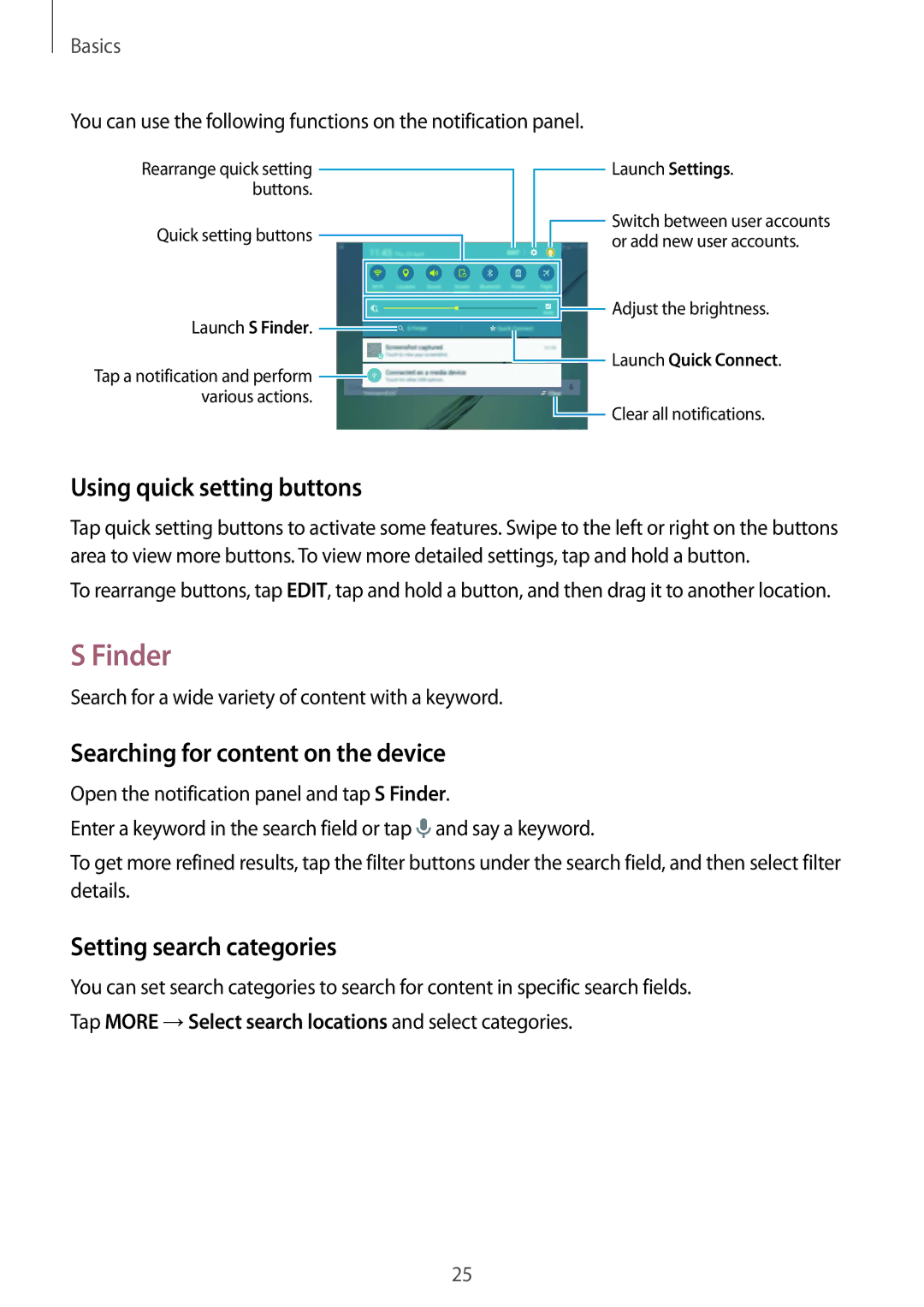 Samsung SM-T810NZWEXEZ Finder, Using quick setting buttons, Searching for content on the device, Setting search categories 