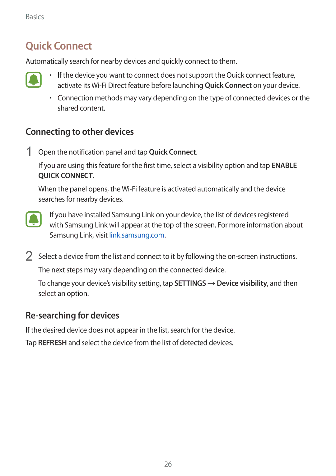 Samsung SM-T810NZKEXEH, SM-T810NZKEDBT, SM-T810NZWEDBT Quick Connect, Connecting to other devices, Re-searching for devices 