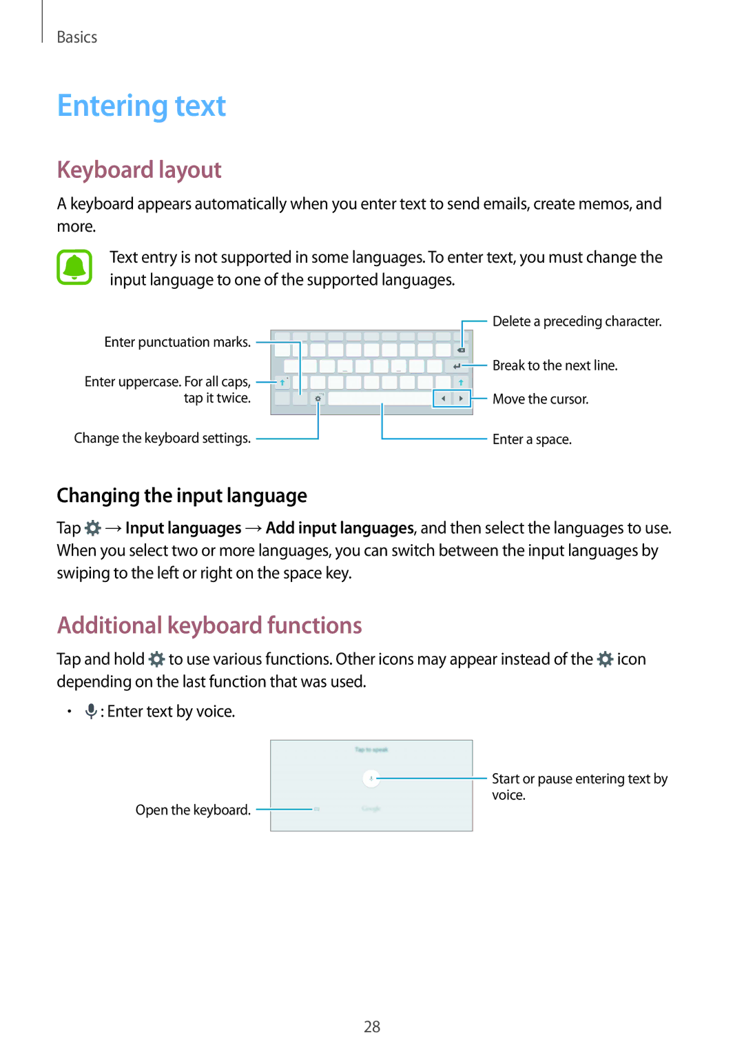 Samsung SM-T810NZKEATO manual Entering text, Keyboard layout, Additional keyboard functions, Changing the input language 