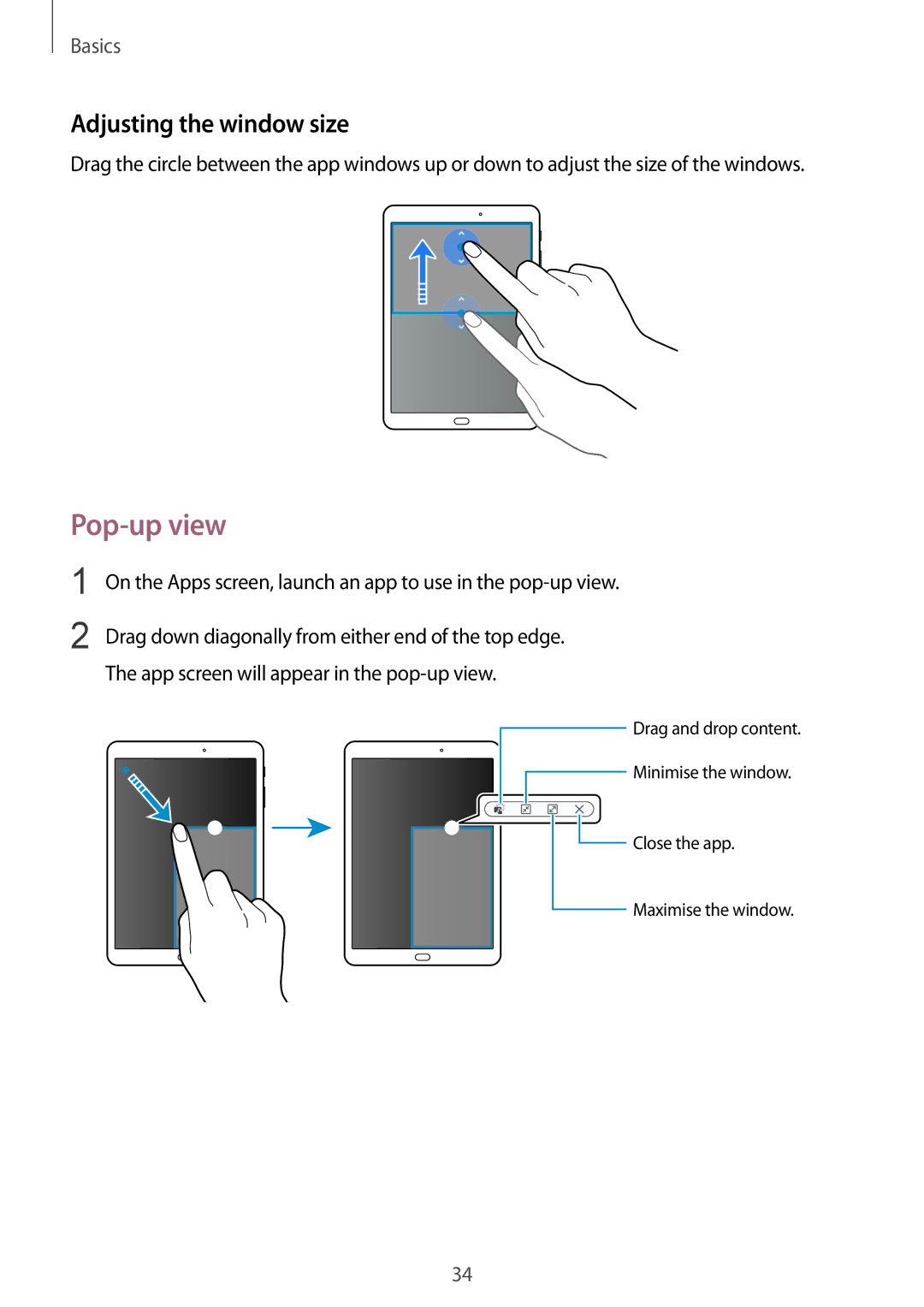 Samsung SM-T810NZWESEB, SM-T810NZKEDBT, SM-T810NZWEDBT, SM-T810NZDEDBT, SM-T810NZDEXEF Pop-up view, Adjusting the window size 