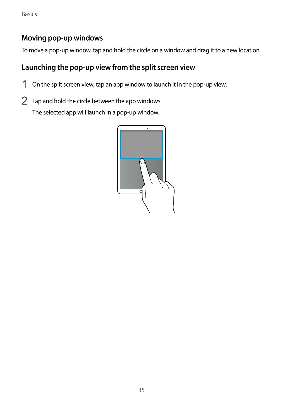 Samsung SM-T810NZDESEB, SM-T810NZKEDBT manual Moving pop-up windows, Launching the pop-up view from the split screen view 