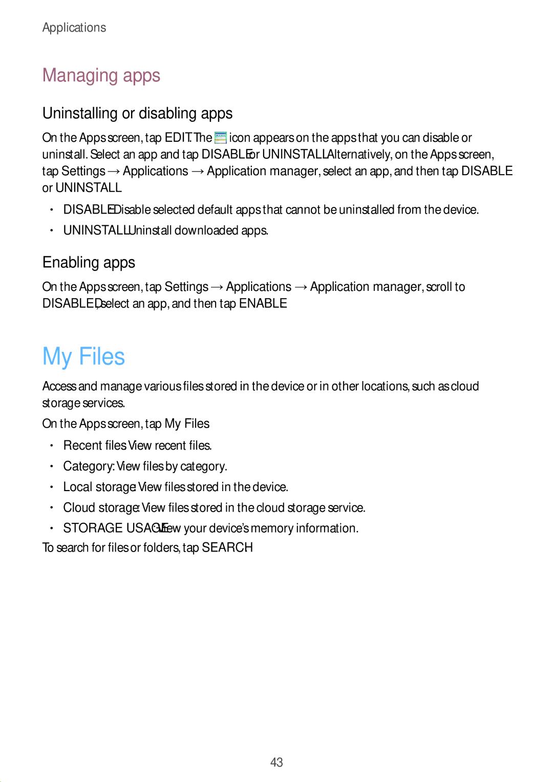 Samsung SM-T810NZKEXEF, SM-T810NZKEDBT manual My Files, Managing apps, Uninstalling or disabling apps, Enabling apps 