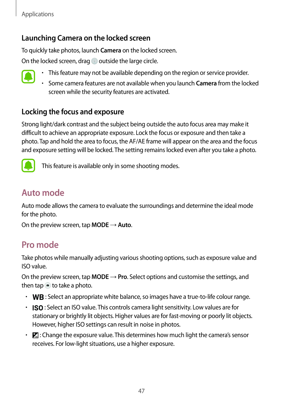 Samsung SM-T810NZKEPHN manual Auto mode, Pro mode, Launching Camera on the locked screen, Locking the focus and exposure 