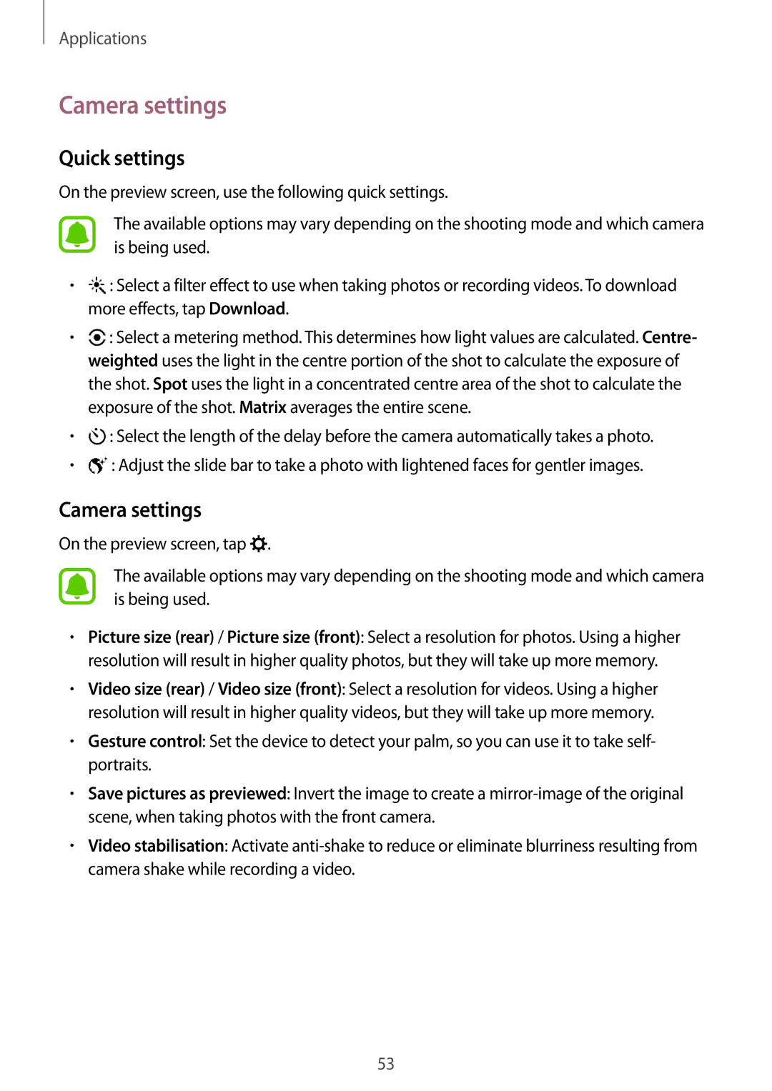 Samsung SM-T810NZKEAUT, SM-T810NZKEDBT, SM-T810NZWEDBT, SM-T810NZDEDBT, SM-T810NZDEXEF manual Camera settings, Quick settings 