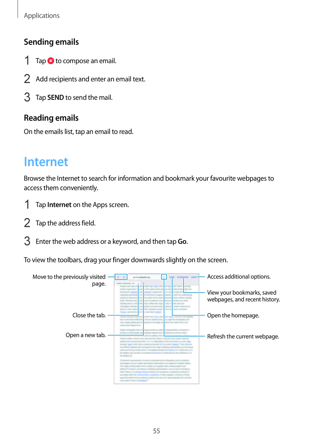 Samsung SM-T810NZKEITV, SM-T810NZKEDBT, SM-T810NZWEDBT, SM-T810NZDEDBT manual Internet, Sending emails, Reading emails 