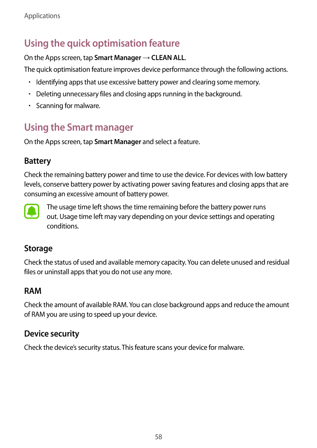 Samsung SM-T810NZKEBGL Using the quick optimisation feature, Using the Smart manager, Battery, Storage, Device security 